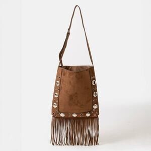 Faux Suede Fringe Tote Bag | Grommet Accents | Light Brown